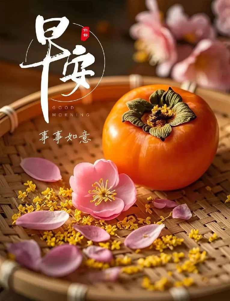 Morning blessing card with traditional clothing woman and red background