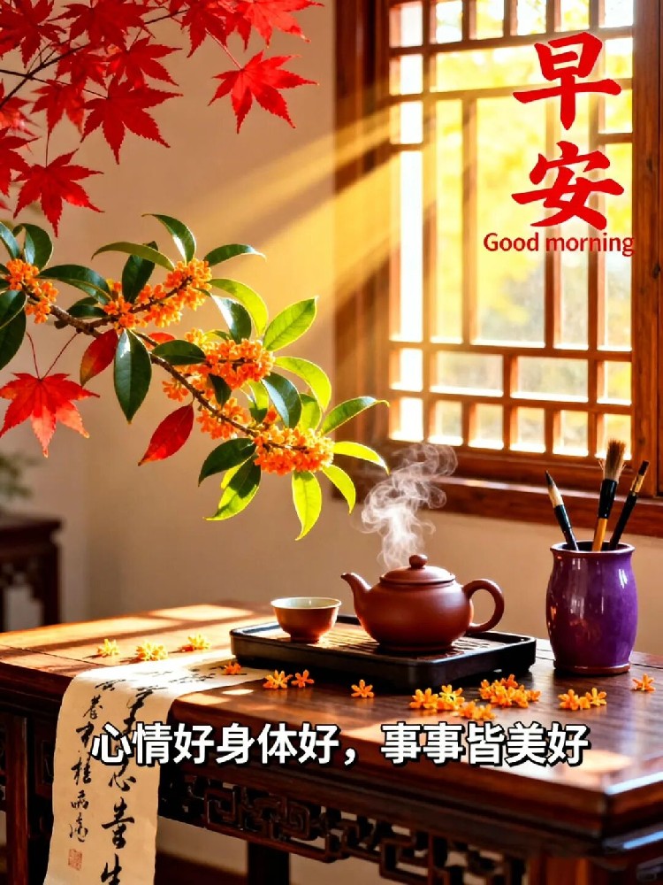 Morning blessing card with traditional clothing woman and red background