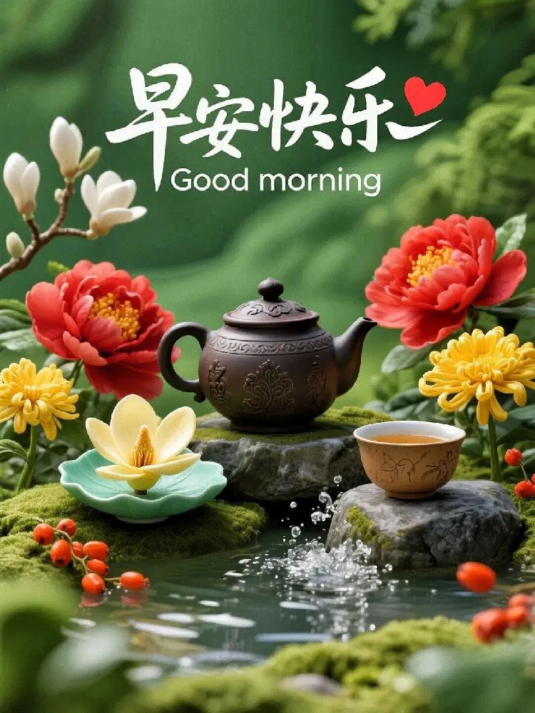 Morning blessing card with traditional clothing woman and red background