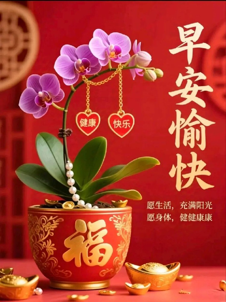 Morning blessing card with traditional clothing woman and red background