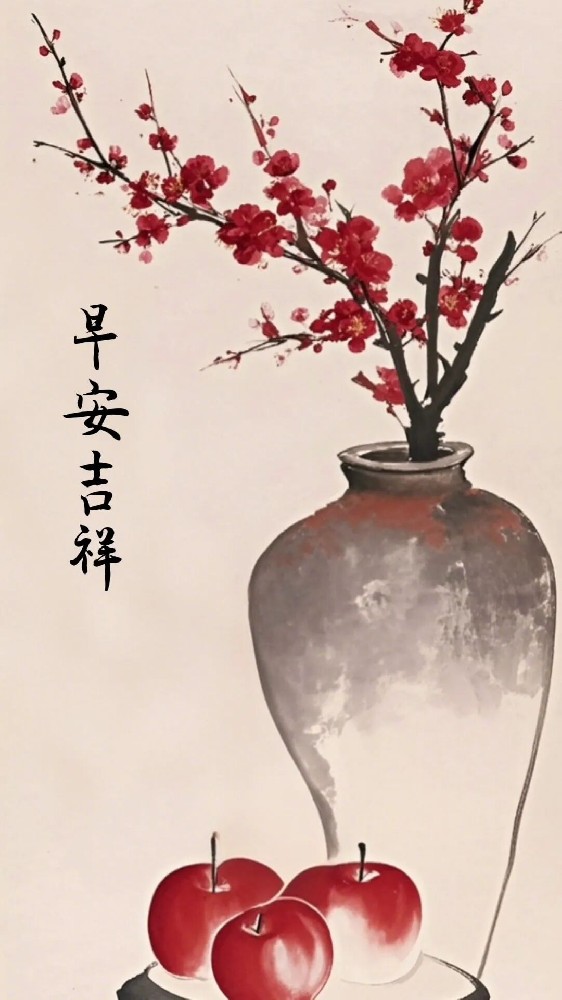 Morning blessing card with traditional clothing woman and red background